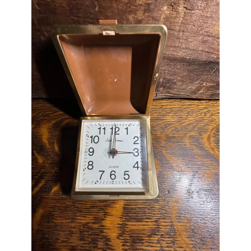 Vintage Seth Thomas Travel Alarm Clock Folding Clamshell Gold Brown Brazil Made